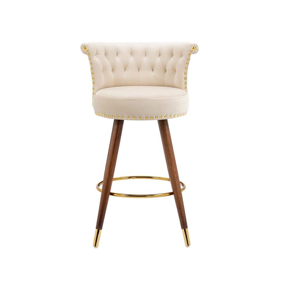 HOMEFUN 36 in. Low Back Wooden Frame Swivel Upholstered Bar Stool with Ivory Velvet Seat (Set of 2)