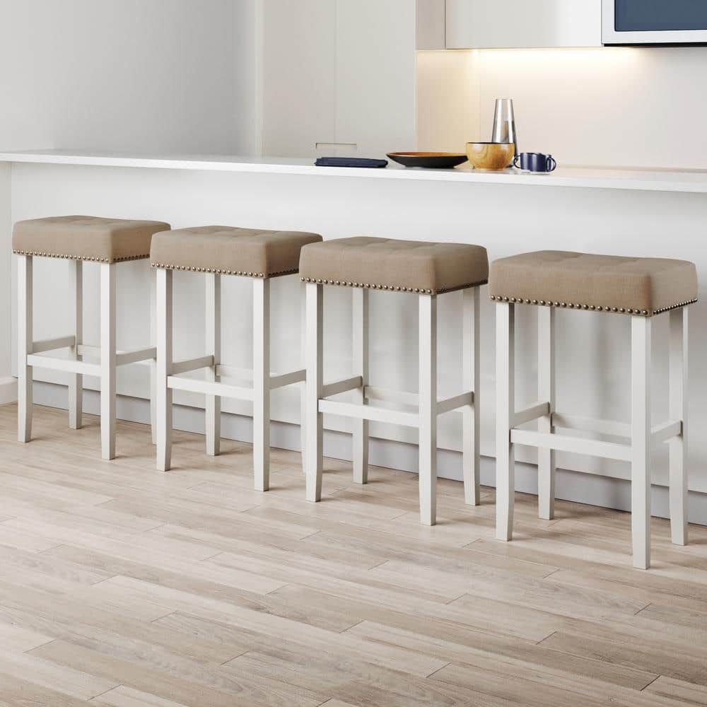 Nathan James Hylie 29 in. Nailhead Wood Bar Height Kitchen Counter Backless Bar Stool, Natural Flax/White, Set of 4