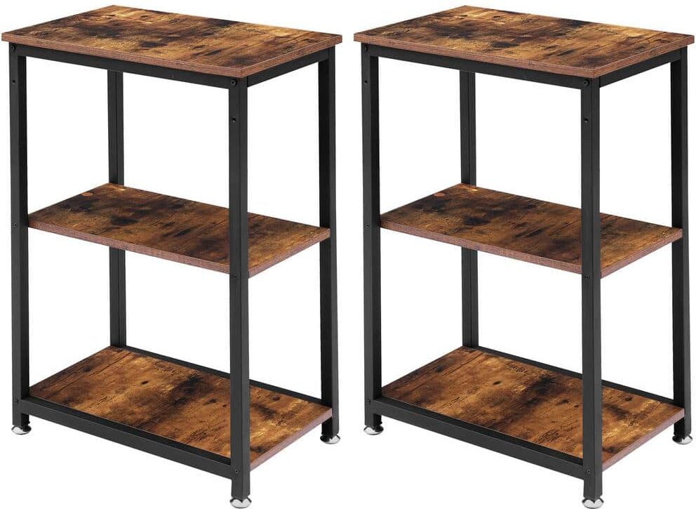 VECELO 3-Tier Brown Side Table，Stable Open Book Shelves with Metal Frames, Rectangle End table，13.8"W x 21.6"D x 30"H，Set Of 2