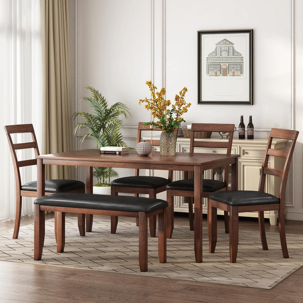 GODEER 6-Piece Wood Top Walnut Kitchen Simple Wooden Dining Table and Chair with Bench, PU Cushion