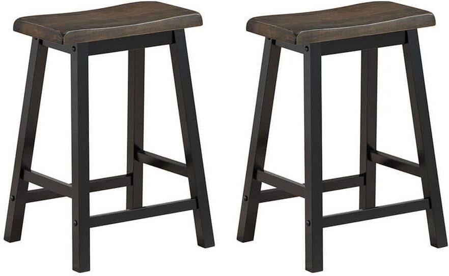 Gymax 24 in. H Gray Backless Wood Saddle Seat Pub Chair Home Kitchen Dining Room Bar Stools (Set of 2)