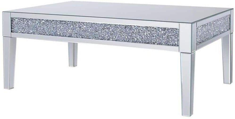 Benjara 49 in. Silver Large Rectangle Glass Coffee Table with Faux Crystals Inlay Wood