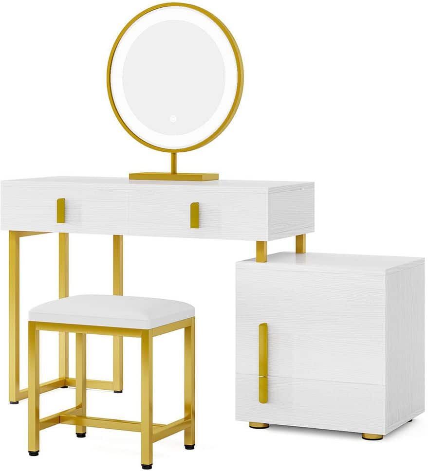 Tribesigns Virginia White and Gold 3-Drawers Bedroom Vanity Table Set with Lighted Mirror 50.8 in. H x 53.7 in. W x 15.7 in. D