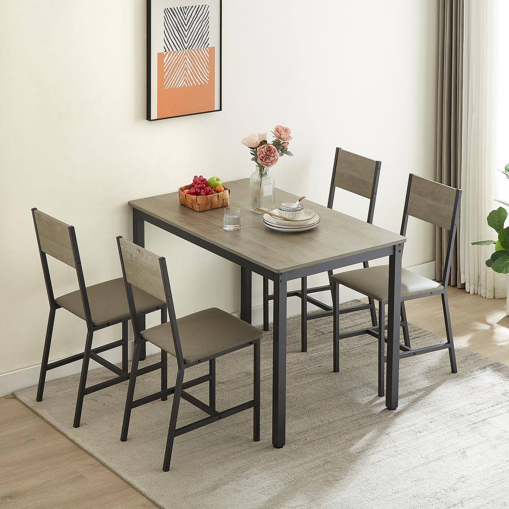 Magic Home 47.2 in. 5-Piece Vintage Rich Wood Dining Set with Kitchen Table and 4 Upholstered Chairs, Gray