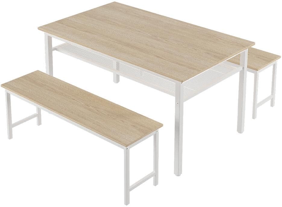 YOFE 3-Piece Farmhouse White Oak MDF Kitchen Dining Table Set with 2 Benches for Home Kitchen, Dining Room (Seats 4)