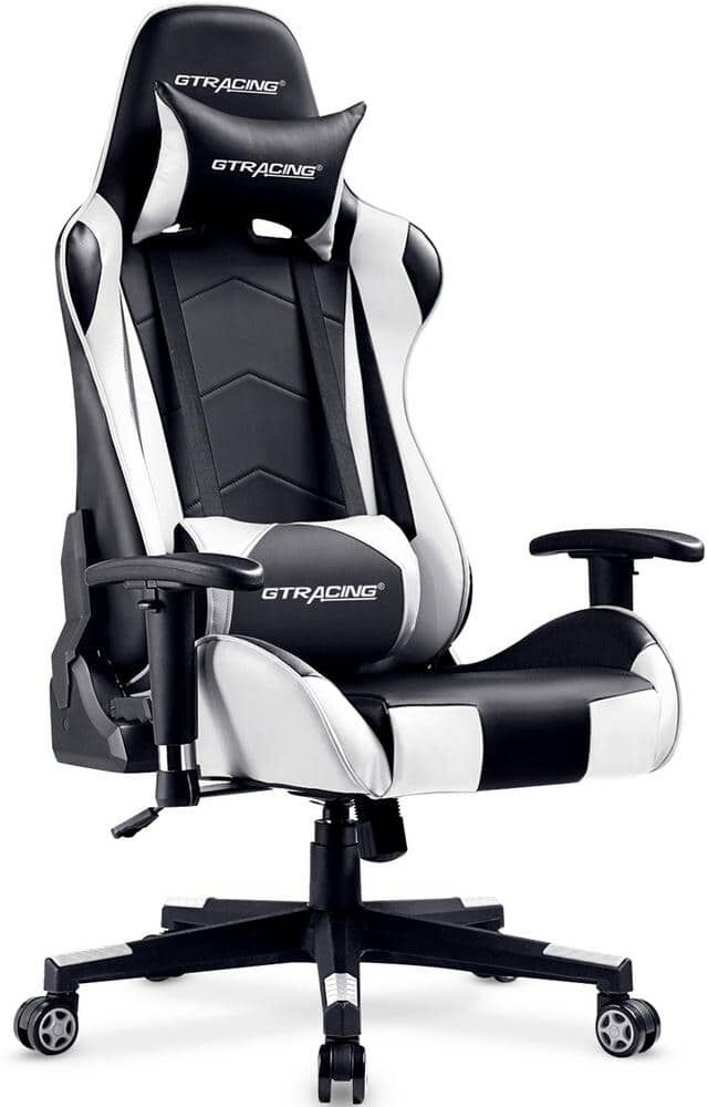 Lucklife White Gaming Chair Racing Office Computer Ergonomic Leather Game Chair with Headrest and Lumbar Pillow Esports Chair