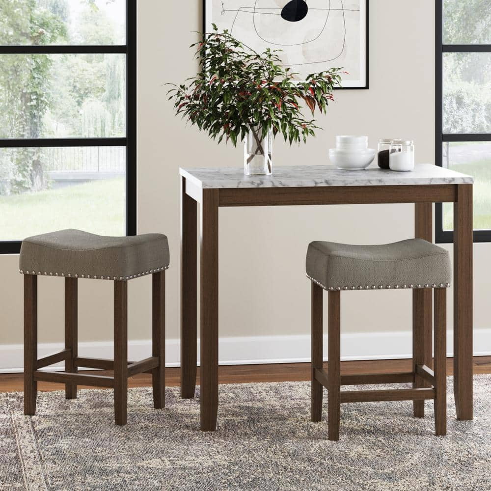 Nathan James Viktor Three Piece Dining Set Kitchen Pub Table White Marble Top, Dark Brown Solid Wood Base, Light Gray Fabric Seat