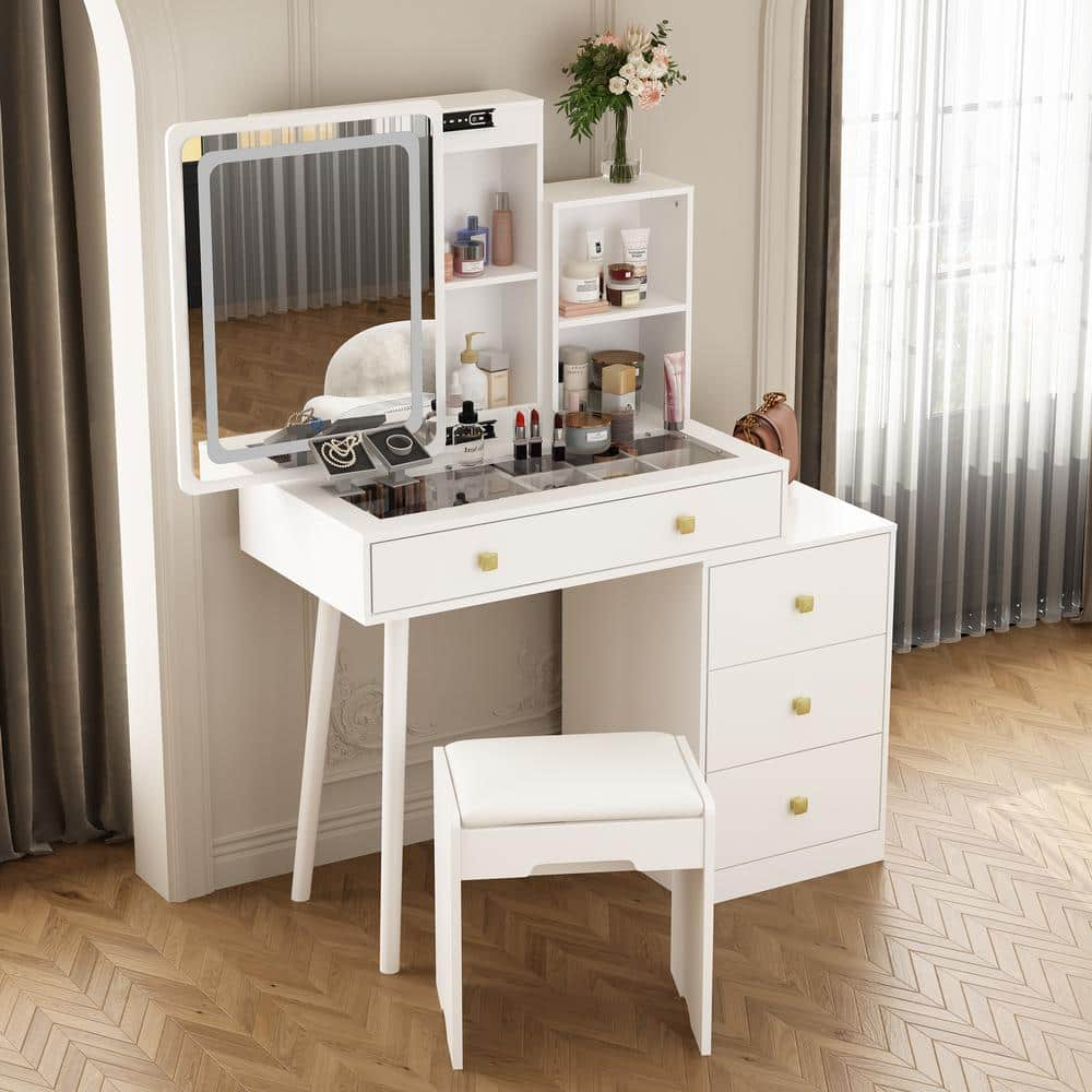 FUFU&GAGA White Wood Makeup Vanity Set Dressing Table with Glass Top, Square Sliding LED Lighted Mirror, 4-Drawers and Stool