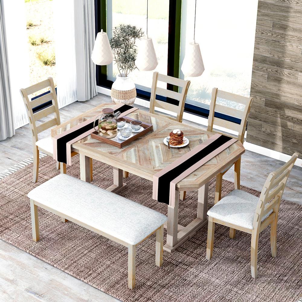 Magic Home 6-Piece Rubber Wood Kitchen Dining Table Set with Wood Grain Tabletop, Wood Veneer Chairs and Bench, Natural Wood Wash
