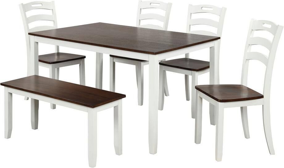 URTR 6-Piece Wood Top Ivory Dining Table Set with Bench, Wood Kitchen Table Set with Table and 4 Chairs