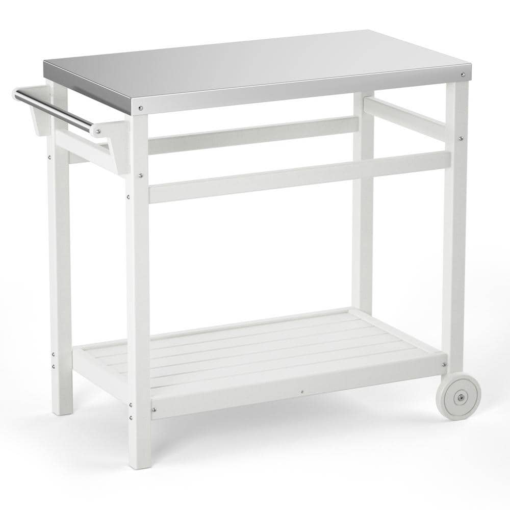 TIRAMISUBEST White Rectangular Stainless Steel 34 in. x 19 in. x 33 in. Outdoor Dining Table Grill Cart Prep Cart