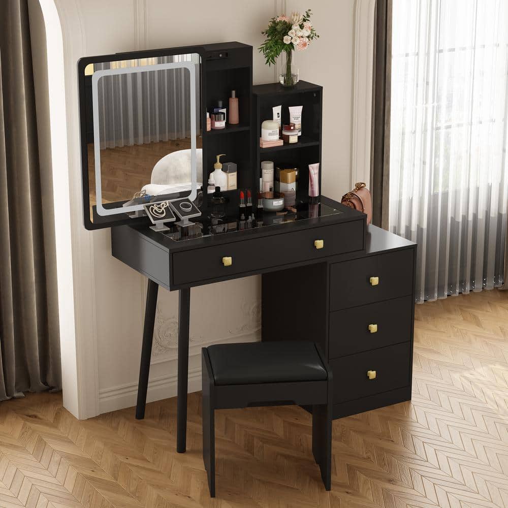 FUFU&GAGA Black Wood Makeup Vanity Set Dressing Table with Glass Top, Square Sliding LED Lighted Mirror, 4-Drawers and Stool