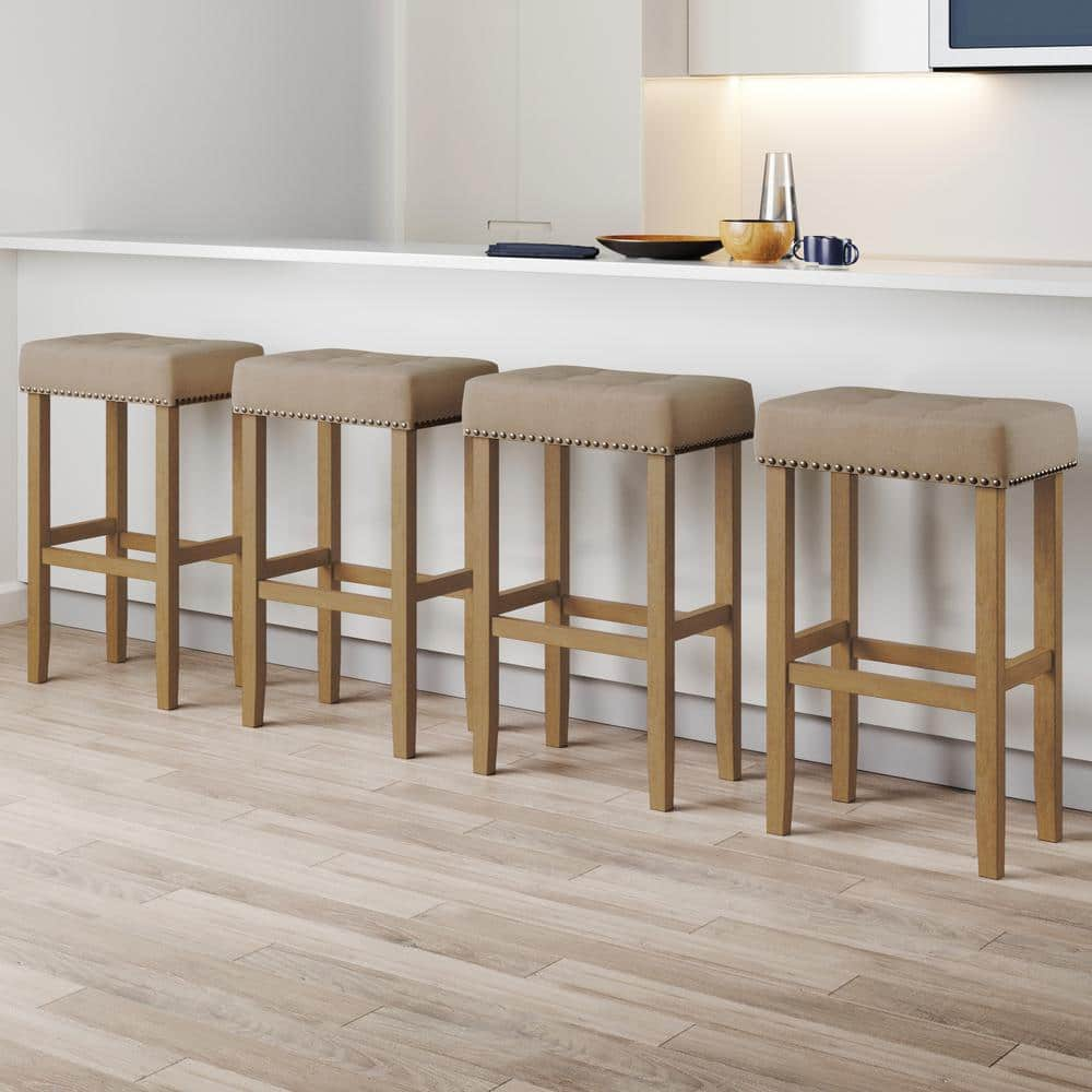 Nathan James Hylie 29 in. Nailhead Wood Bar Height Kitchen Counter Backless Bar Stool, Natural Flax/Light Brown, Set of 4