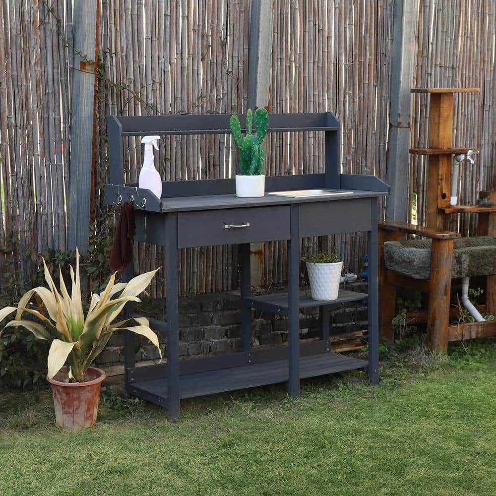 VEIKOUS 47.9 in. H x 42.1 in. W x 15.3 in. D Dark Grey Wooden Garden Potting Bench Table with Removable Stainless Sink & Drawer