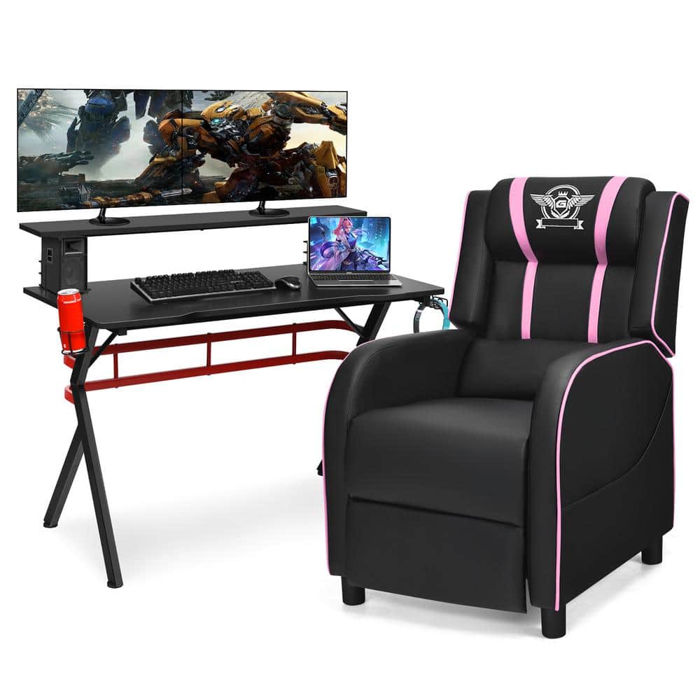 Costway Gaming Desk and Chair Set 48 in. Black Computer Desk and Black Plus Pink Massage Recliner Chair