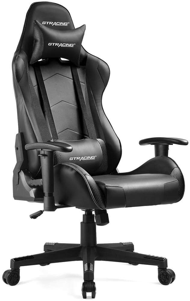 Lucklife Black Gaming Chair Racing Office Computer Ergonomic Leather Game Chair with Headrest and Lumbar Pillow Esports Chair