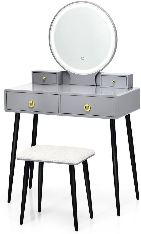 Costway Gray Armoire Vanity Makeup Dressing Table Stool Set 3-Color ighted Mirror W/Drawers 31'' x 16'' x 51.5'' (L x W x H)