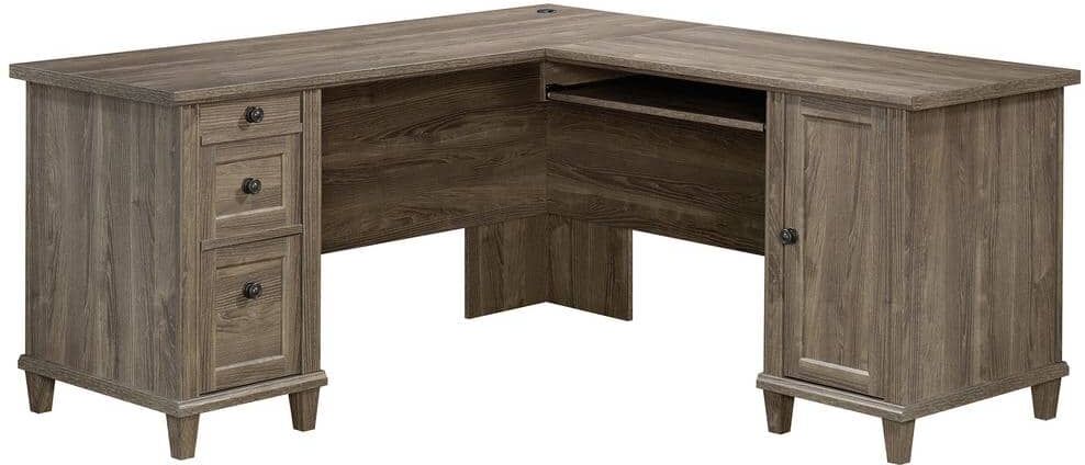 SAUDER 66 in. L-Shaped Emery Oak 3 Drawer Computer Desk with Keyboard Tray