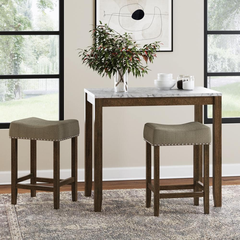 Nathan James Viktor Three Piece Dining Set Kitchen Pub Table White Marble Table Top, Light Brown Wood Base, Light Beige Fabric Seat