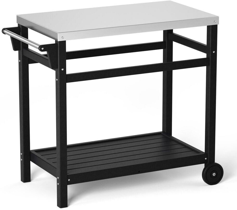 Huluwat Black Outdoor Movable Dining Cart Table with Stainless Steel Countertop