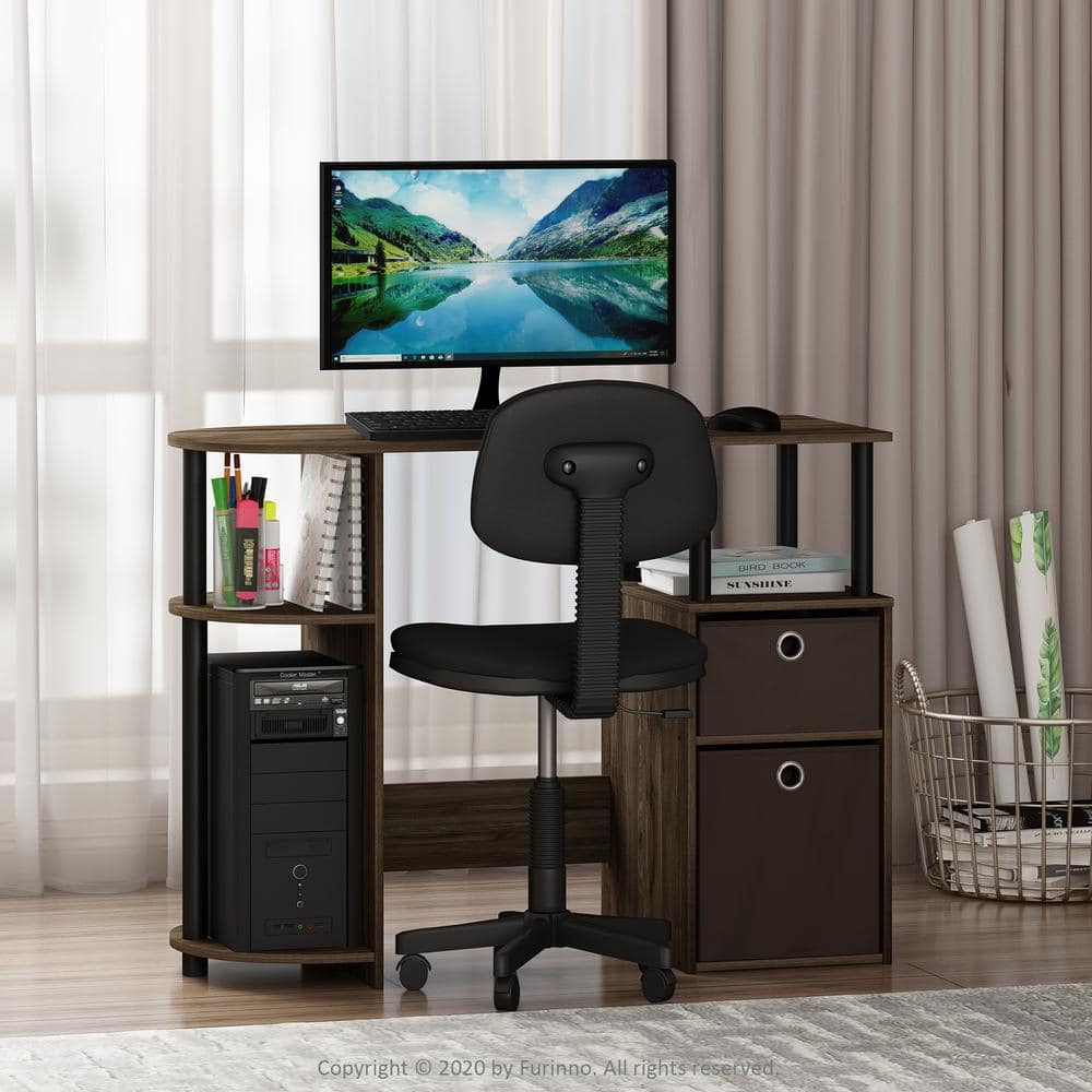 Furinno 16 in. Rectangular Columbia Walnut/Black/Dark Brown 2 Drawer Computer Desk