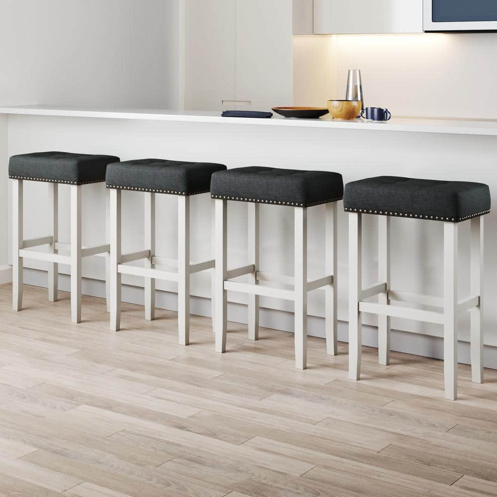 Nathan James Hylie 29 in. Nailhead Wood Bar Height Kitchen Counter Backless Bar Stool, Tufted Gray/White, Set of 4