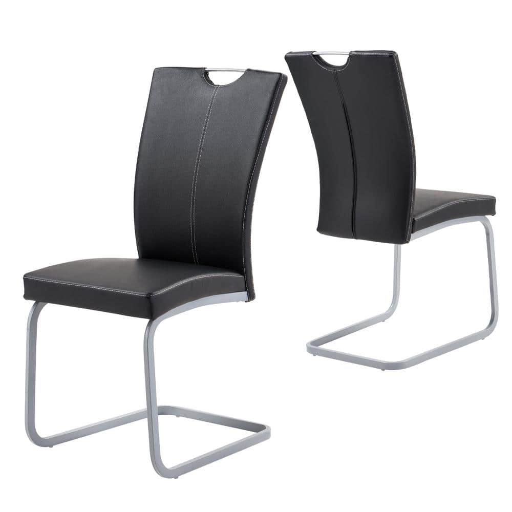 GOJANE Black Modern Upholstered High Back Leather Side Dining Chairs with Firm Legs for Home Kitchen Furniture（Set of 2）