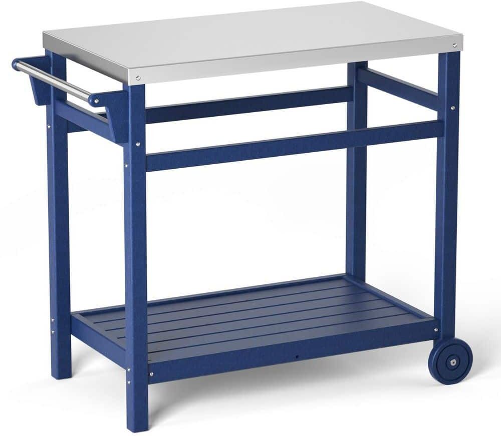 Huluwat Navy Blue Outdoor Movable Dining Cart Table with Stainless Steel Countertop