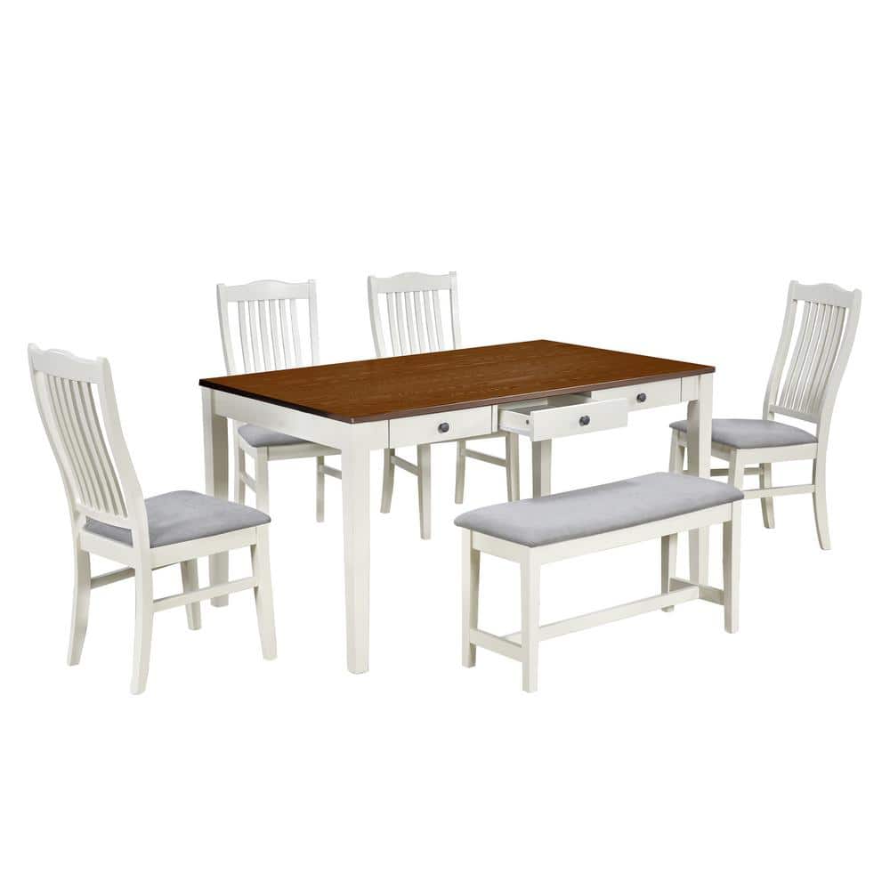 Clihome Mid-Century 6-Piece Wood Dining Table Set Kitchen Table Set with MDF Top, Drawer, Upholstered Chairs and Bench