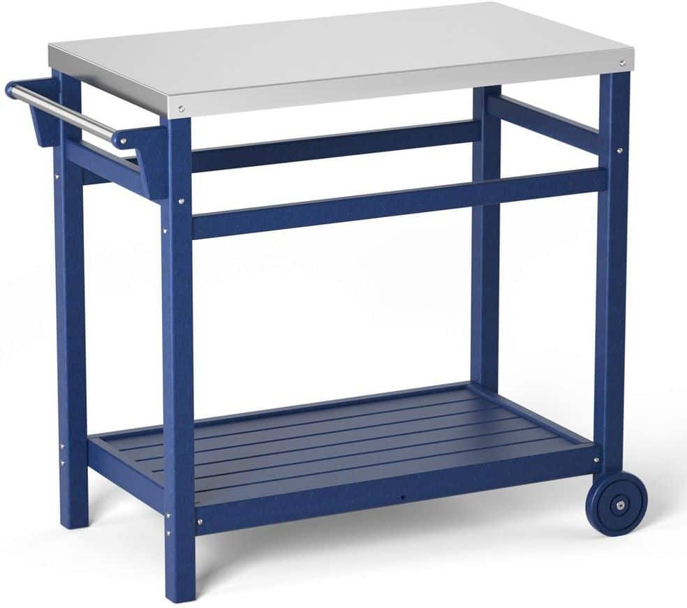 TIRAMISUBEST Navy Blue Rectangular Stainless Steel 34 in. x 19 in. x 33 in. Outdoor Dining Table Grill Cart Prep Cart