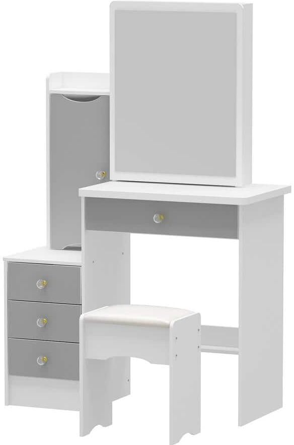 FUFU&GAGA Gray Wood Sliding Big Mirror Makeup Vanity Sets Dresser Table Sets With Storage Shelves, 4-Drawers and Stool