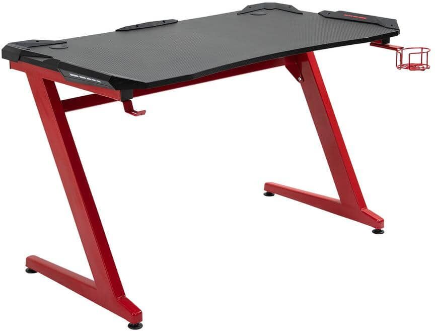 HOMCOM Modern 48 in. Rectangular Gaming Desk, Black and Red Color with Large Workstation, Cup Holder Computer Desk