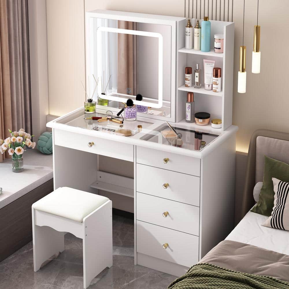 FUFU&GAGA White Wood 39.4 in. W Large Glass Top Table Dresser Dressing Desk with LED Dimmable Mirror, 5-Drawers, Hidden shelves