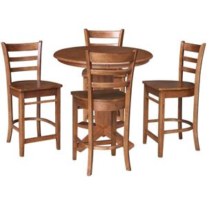 International Concepts Aria Distressed Oak Solid Wood 36 in. Round Top Counter Height Pedestal Dining Table Set with 4 Emily Stools, Seats 4