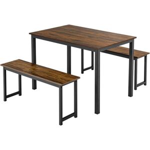 Gymax Modern 3-Pieces Dining Table Bench Set with Metal Frame and Wooden Tabletop Brown