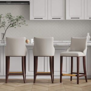 Manhattan Comfort Shubert 29.13 in. Light Grey Beech Wood Bar Stool with Leatherette Upholstered Seat (Set of 3)