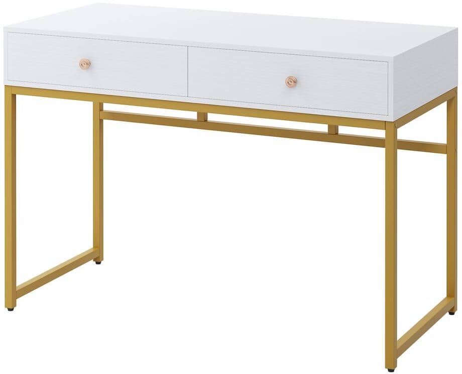 BYBLIGHT Moronia 47.2 in. Retangular White and Gold 2 Drawers Computer Desk Writing Table Makeup Vanity Table