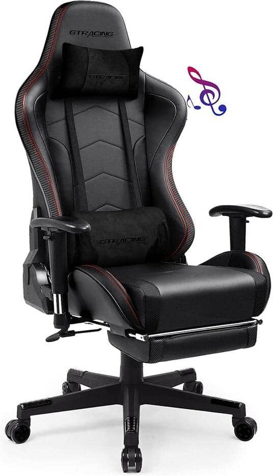 Lucklife Black Gaming Chair with Footrest, Bluetooth Speakers Ergonomic High Back Music Video Game Chair Leather Desk Chair