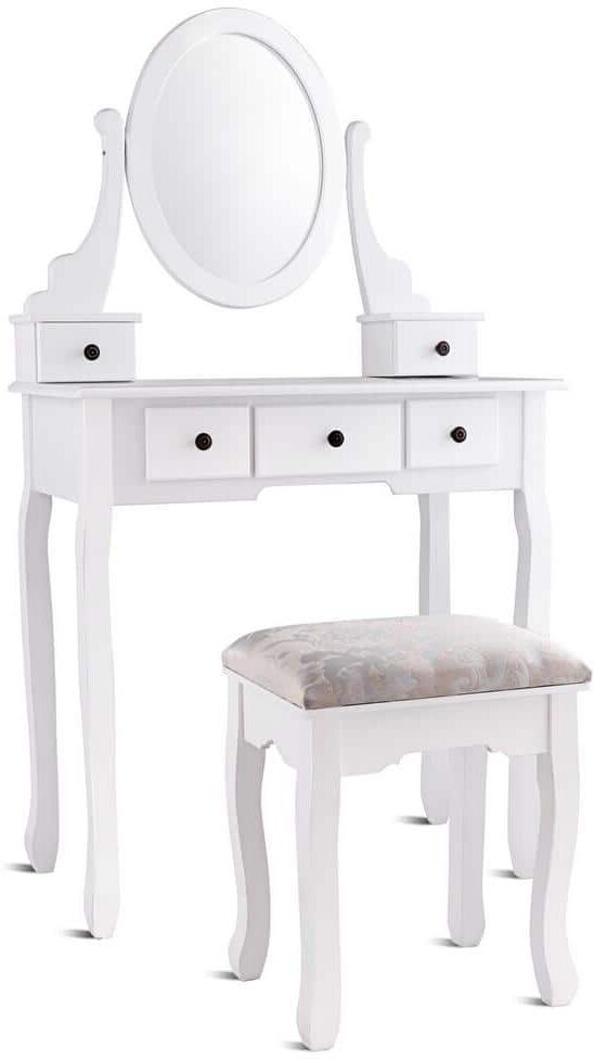 Costway 2-Piece White Makeup Desk Vanity Dressing Table Set with Oval Mirror Stool 5-Storage Drawers