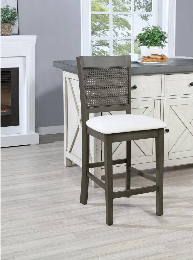 OSP Home Furnishings Walden 24 in. Cane Back Counter Stool 2-Pack with Antique Grey Base and Linen Fabric Seat