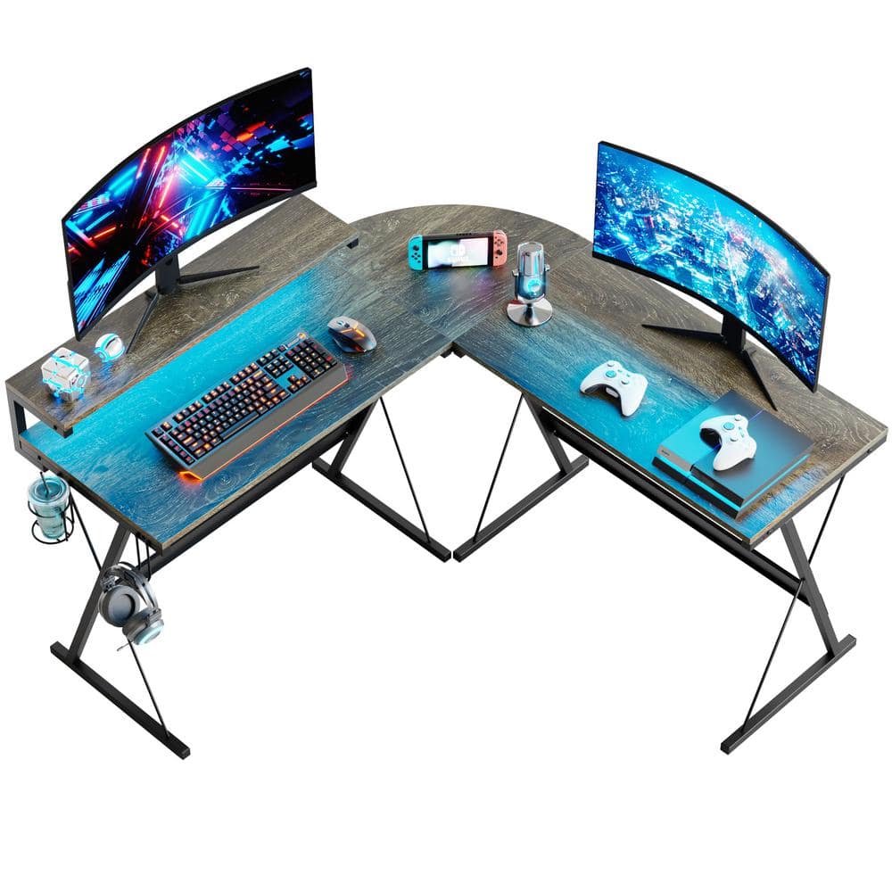 Bestier 55.2 in. Grey Oak L Shaped Gaming Desk with Monitor Stand Reversible Computer Desk