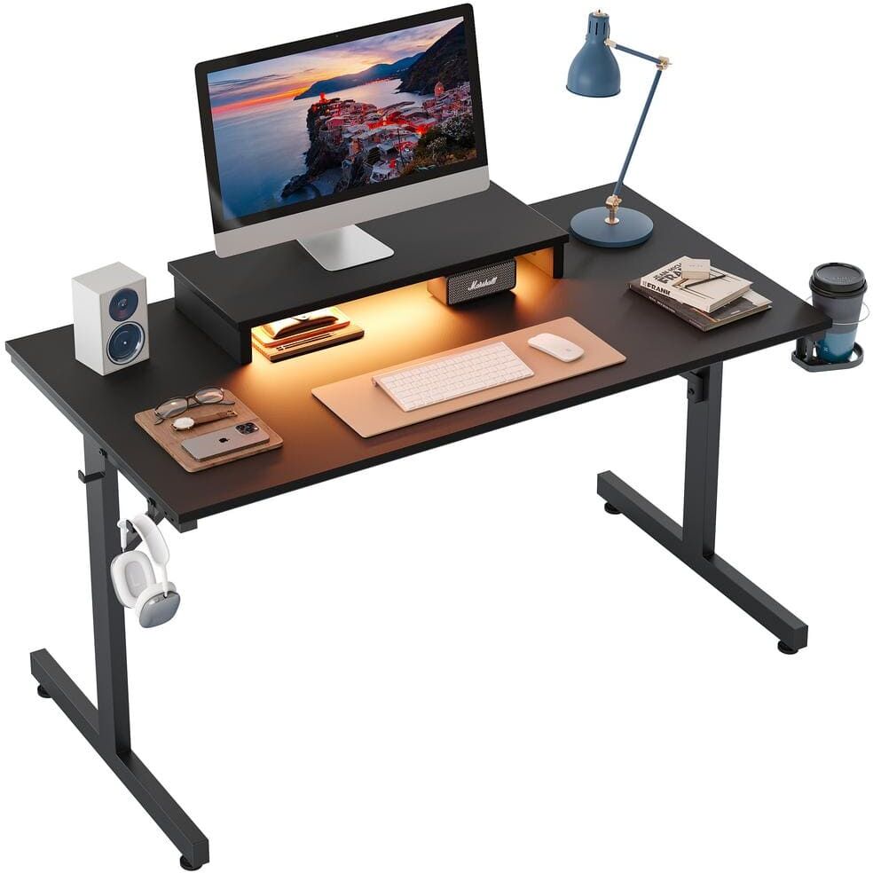 Bestier 42 in. Black LED Gaming Desk with Monitor Stand and Cup Holder