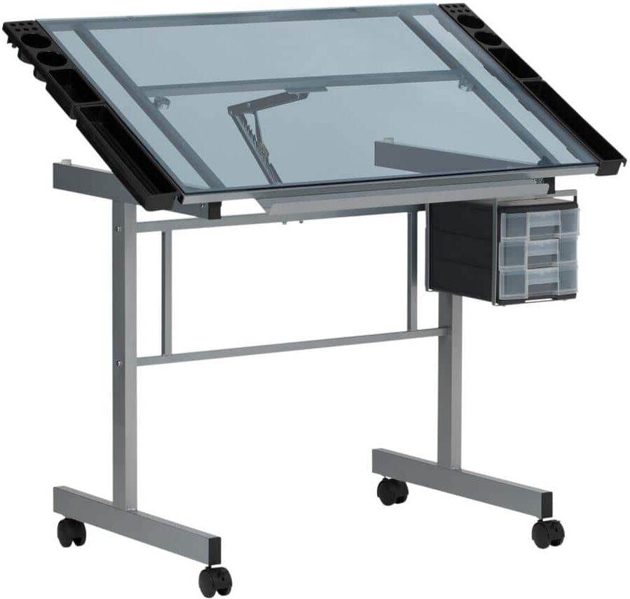 Studio Designs Vision Craft 40.75 in. W Silver and Blue Glass Drawing and Writing Mobile Desk with Supply Storage