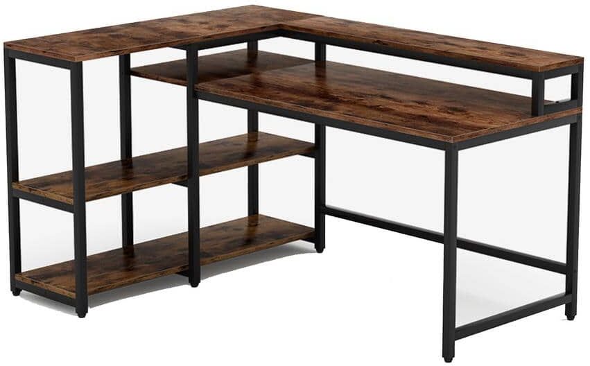 BYBLIGHT Lanita 55 in. L-Shaped Reversible Rustic Brown Computer Writing Desk with Shelves and Monitor Stand