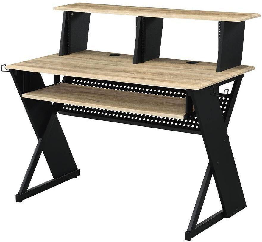 Acme Furniture Annette 24 in. Rectangular Natural and Black Finish Metal Computer Desk with Keyboard Tray and Shelves