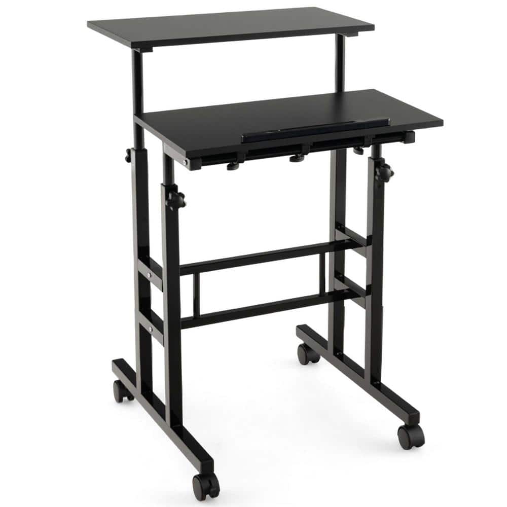 Costway 24 in. Rectangular Black Mobile Standing Desk Rolling Adjustable Laptop Cart Home Office