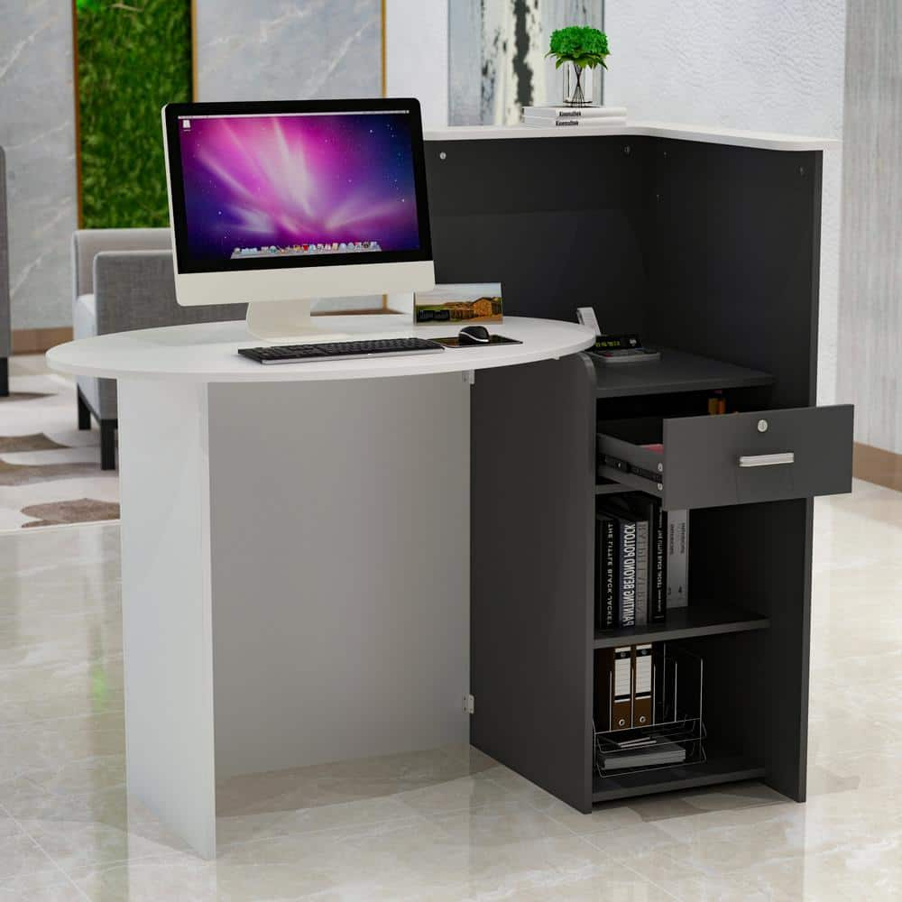 FUFU&GAGA 47.7 in. Rectangular White and Gray MDF Computer Desk with 1-Drawer 2-Shelves 47.7 in. x 23.6 in. x 43.3 in.