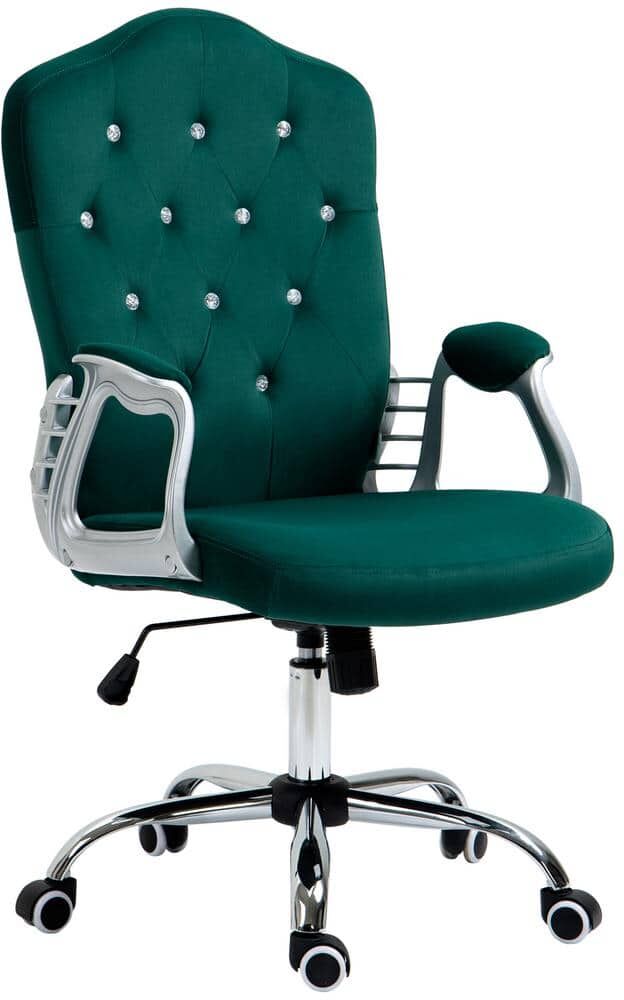 Vinsetto Dark Green Velvet Home Office Chair, Computer Chair, Button Tufted Desk Chair with Swivel Wheels, Adjustable Height