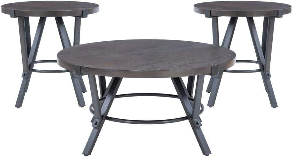 Linon Home Decor Ensley 36.5 in. L Charcoal Brown Round Wood Top 3 pack Occasional Coffee Table and Accent/End Tables