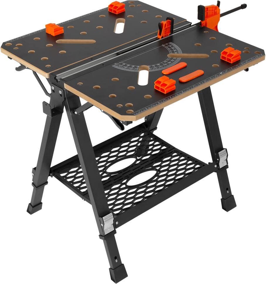 VEVOR 27.6 in. L x 25.6 in. W 2-In-1 Sawhorse Workbench 1000 lbs. Folding Work Table 7 Heights Foldable Stand with Wood Clamp